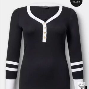 Torrid Ribbed Henley Varsity Long Sleeve Top with White Accents